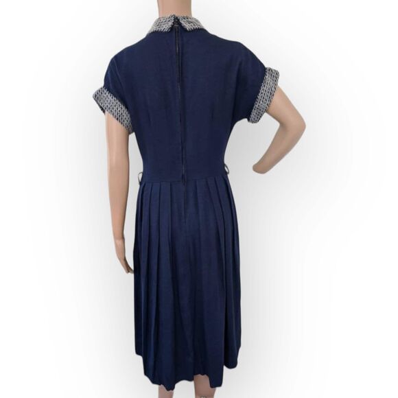 50s Mohair Collar Cuffs Dress Dark Blue Vintage S - Picture 4 of 10